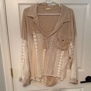 POL Tan and Cream Button Down Lace Shirt